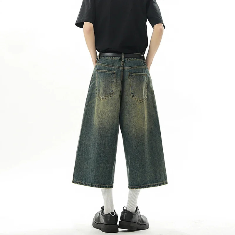 Mens Baggy Denim Shorts Summer Jorts Fashion Retro Casual Loose Wide-leg Calf-length Jeans Y2K Streetwear Korean Style 250527