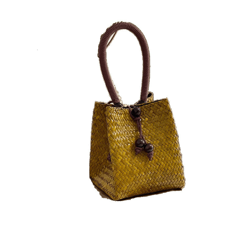 Free Shipping Designer Bag Thailand Imported Vintage Straw Woven Small Tote Bag With Wooden Buckle Solid Color Woven Bag Bucket Bag For Women
