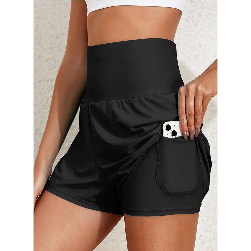 DHessentials Women's 2-in-1 High Waist Board Shorts Swim Trunks Flowy Swimming Bottoms with Pockets