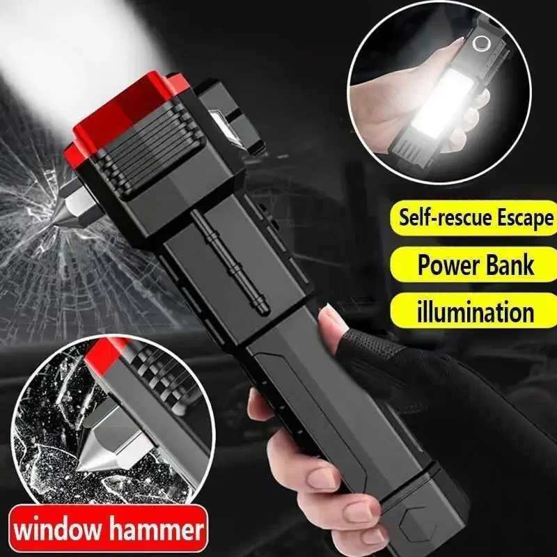 LED Flashlights Tactical Torch Rechargeable Portable Spotlight Long-Range Camping Flashlight With Safety Hammer COB SidelightXJ250529