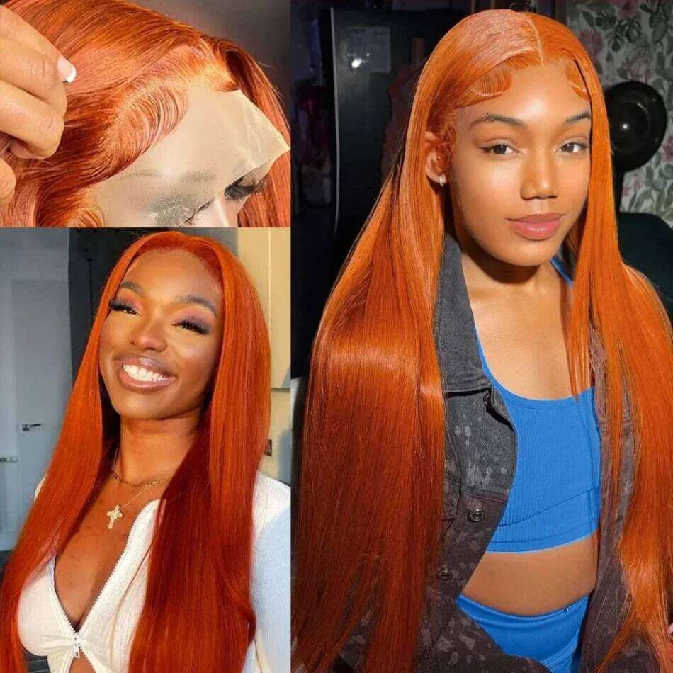 Straight Ginger Orange Human Hair Wig 30 Inches Lace Front 13x6 13x4 HD Frontal Colored Wigs Pre Plucked For Women 200 Density