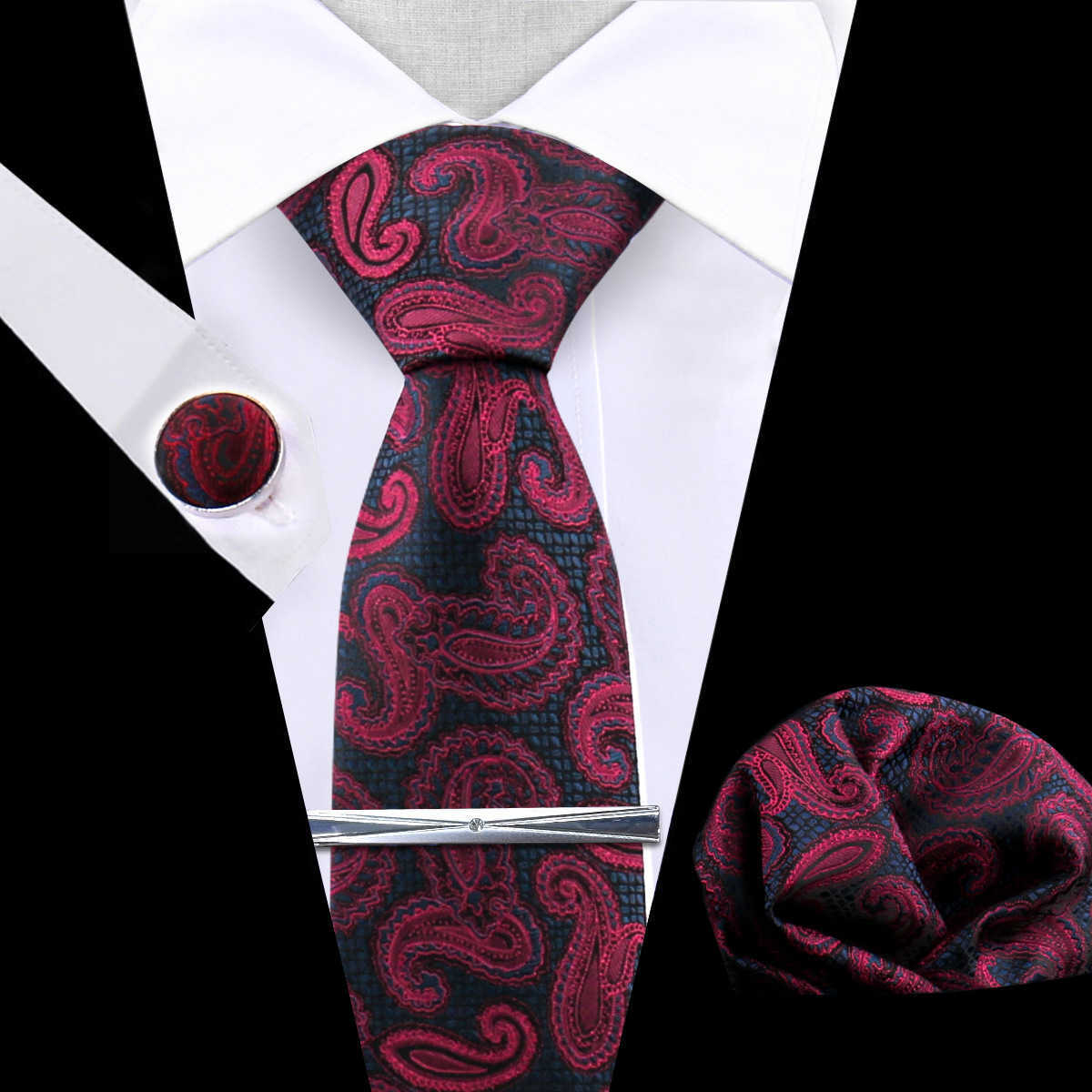 Mens Tie Set Silk Silver Paisley Floral Necktie and Pocket Square Cufflinks Tie Clip Classic Formal Ties for Men Wedding Party X250407
