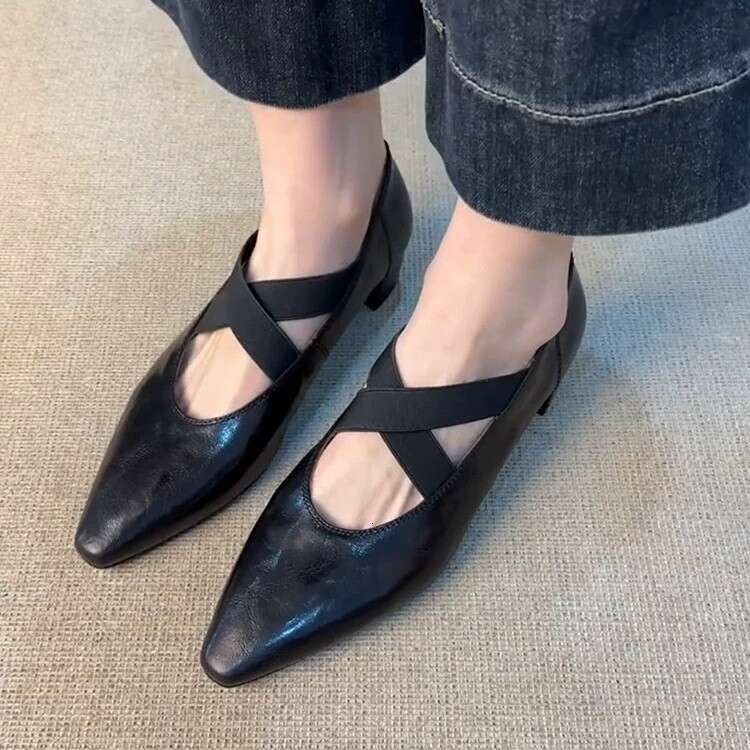 Genuine Leather Square Toe Cross Strap Mary Jane for Women 2025 New Spring Chunky Mid Heel Commuter Shoes