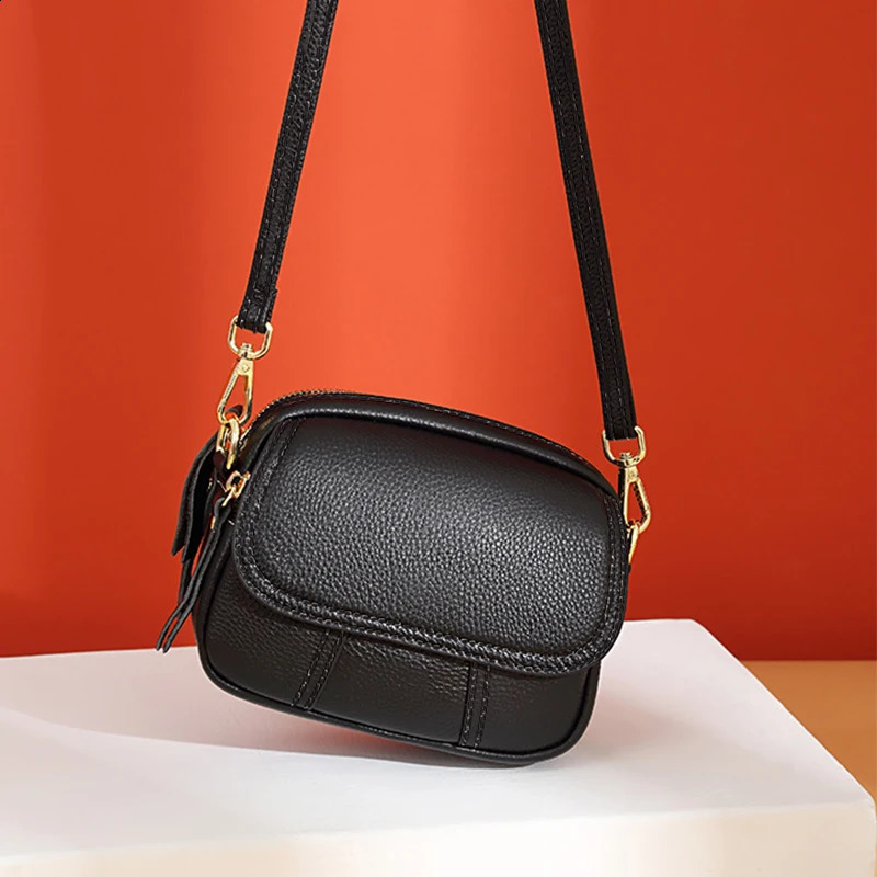 Solid color simple small square bag genuine leather multilayer zipper single shoulder crossbody bag 250528
