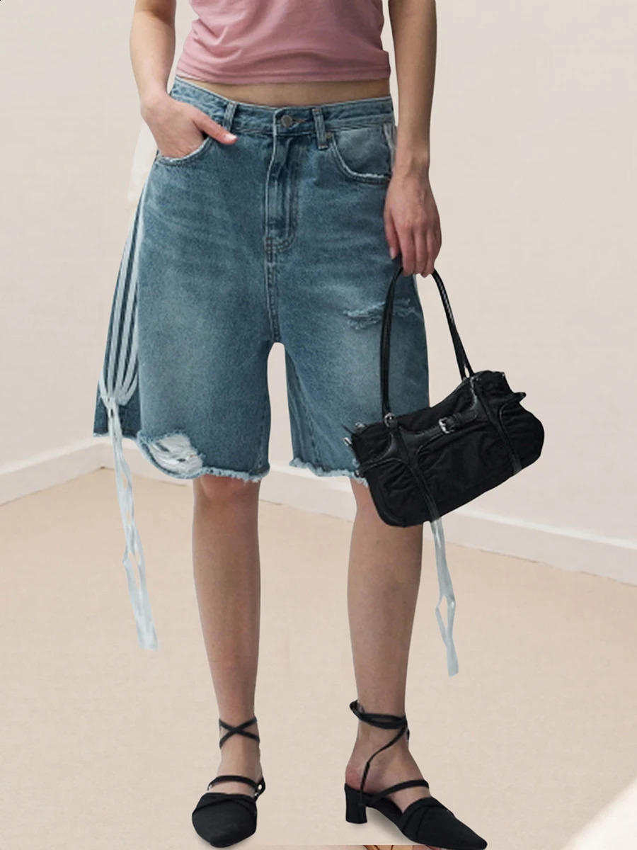 Women s Distressed Denim Shorts with Frayed Hem and LaceUp Detail Perfect for Summer Vacation Street Style 250516Z