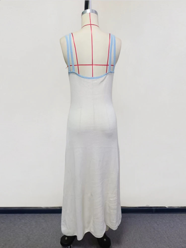 Knitted Starfish Shell Pattern Sleeveless V-Neck Long Dress for Women - Backless Slim Fit Summer Vacation Street Wear C260312