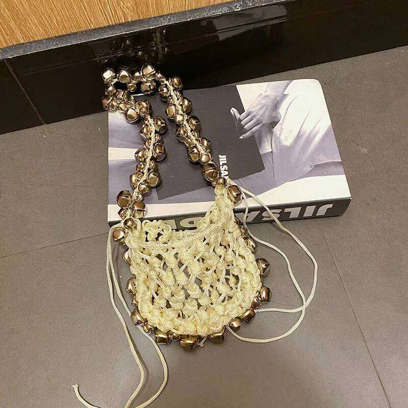Women's Bags Designer Small Bell Shoulder Hollow Woven Bags For Women Rope Fishing Net Handbags And Purses Designer Drawstring Bag Flap NEW