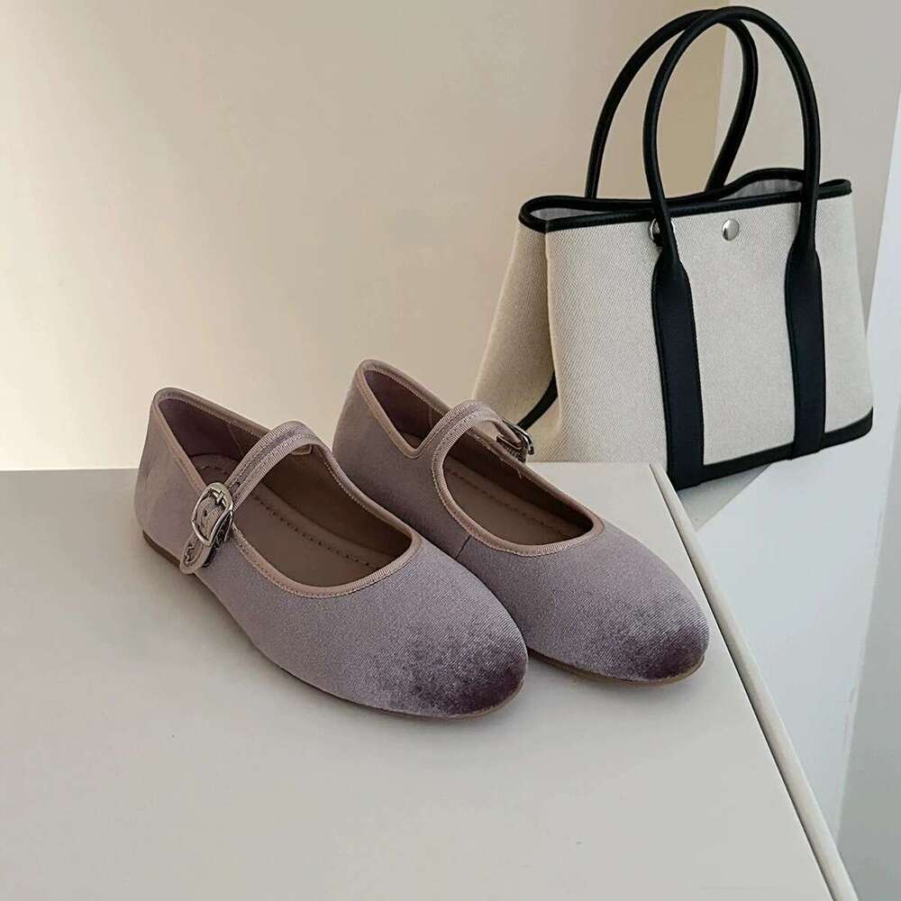 Genuine Leather Velvet French Style Shallow Round Toe One-Strap Mary Jane Shoes for Women 2025 Spring Ballet Flats