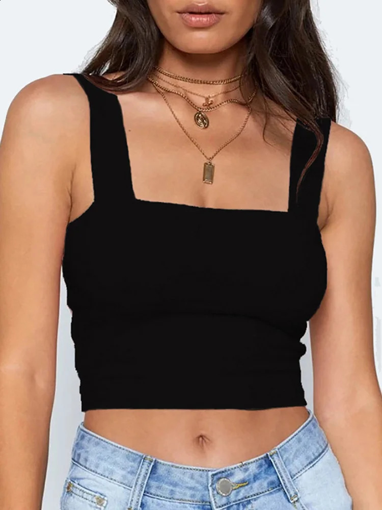 Square Neck Sleeveless Summer Crop Top White Women Black Casual Basic T Shirt Off Shoulder Cami Sexy Backless Tank 250527