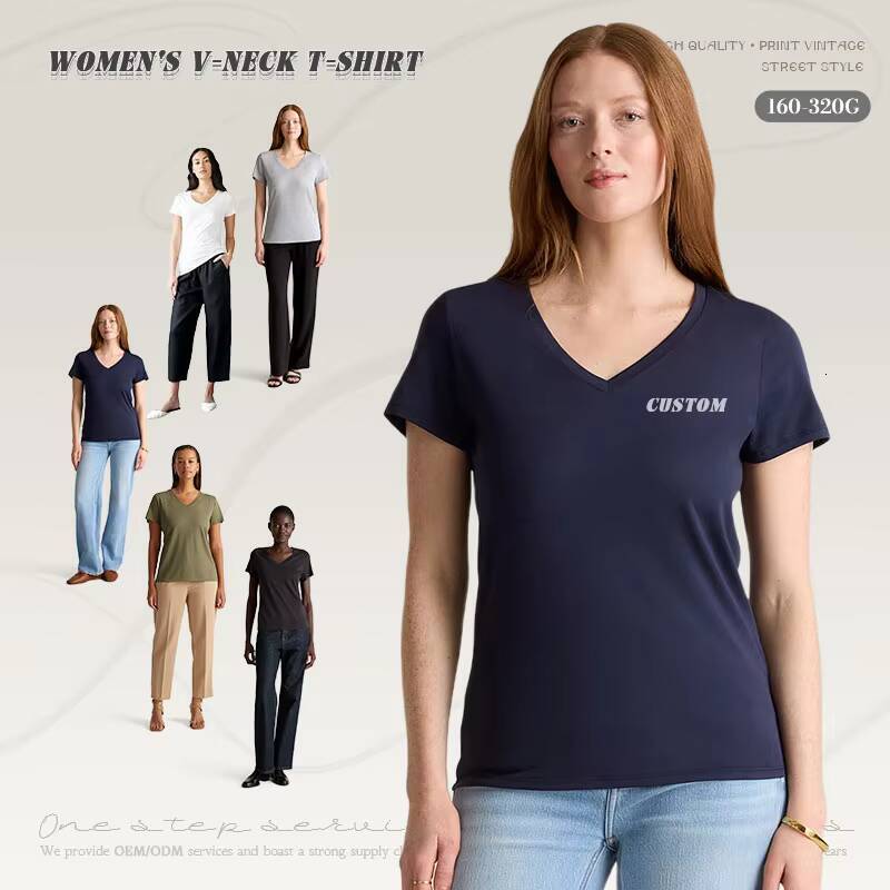 Logo High-Quality Blue Short Sleeve Premium Cotton V-Neck Women's T-Shirt