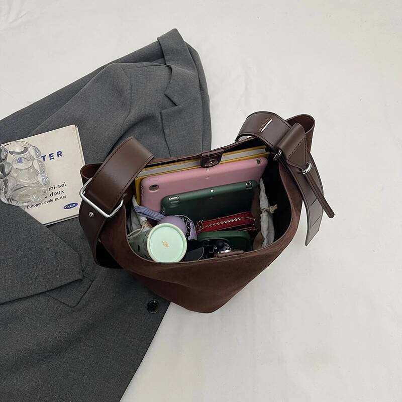 Branded Frosted PU Leather Shoulder Bucket Bag Set For Women 2-In-1 Faux Suede Big Capacity Shopper Tote Designer Handbag