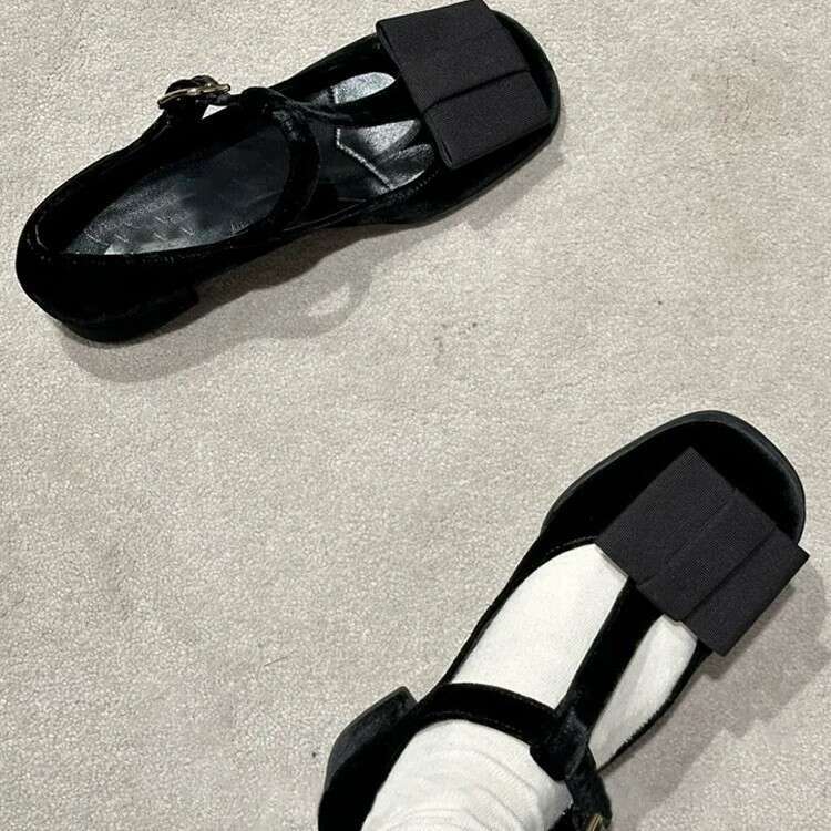 French Style Genuine Leather Square Toe Mary Jane with One-Strap Buckle for Women, Spring and Autumn New Thick Heel T-Strap Bowknot Shoes