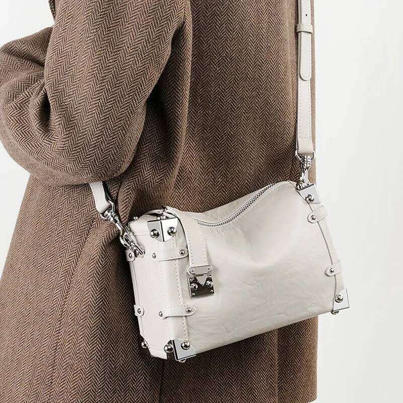 Women Genuine Rivet Handbags Female Square Soft Leather Box Shoulder Vintage Small Girls Crossbody Bag Bolsos