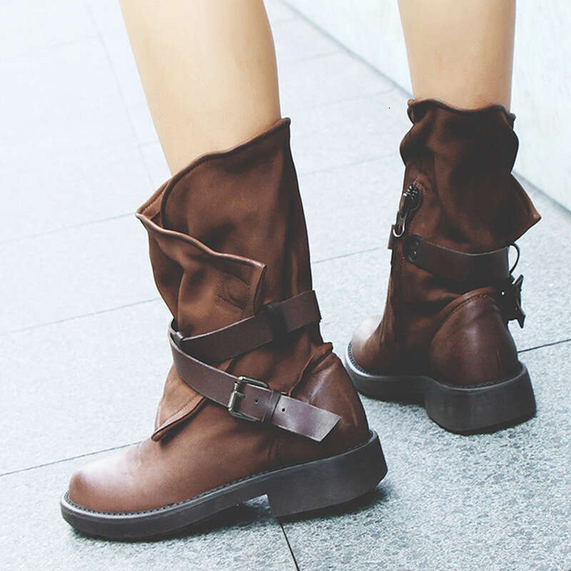 Genuine Leather Motorcycle for Women 2024 New Western Cowboy with Belt Buckle Mid-Calf Short Martin Boots