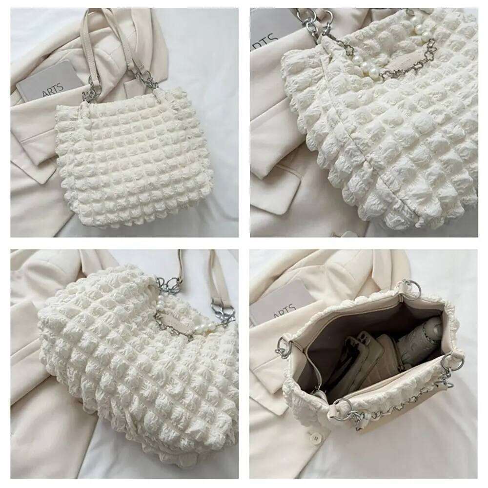 Large Capacity Ladies Tote Bag Fashion Plaid Women's Beaded Chain Shoulder Bags Soft Fabric Commuter Female Handbags Purse
