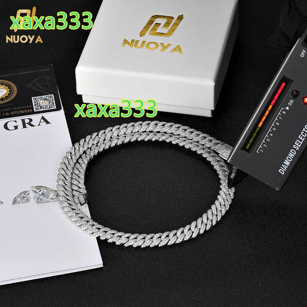 NUOYA 10mm Moissanite 925 Sterling Silver Cuban Chain GRA Certificate Two Row VVS Moissanite Miami Cuban Chain Diamond Necklace
