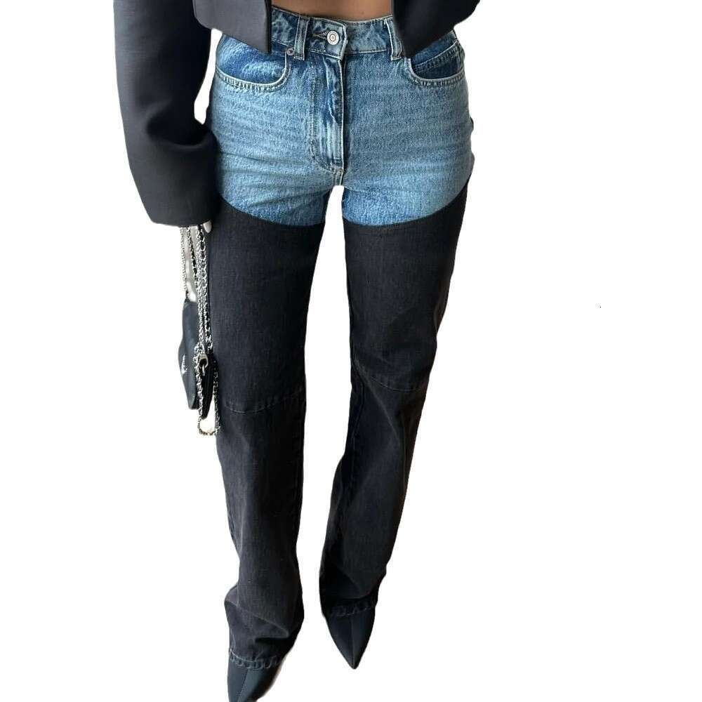 Spring New Fashion Casual Color Block Straight Leg Women's Distressed Jeans B5