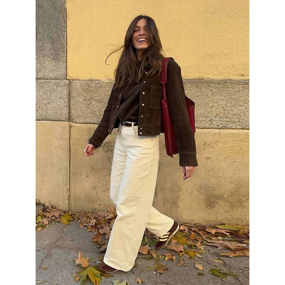 Retro Brown Suede Women's Jackets Lapel Long Sleeve Single Breasted Female Coat 2025 Spring Street Fashion Lady Outerwears