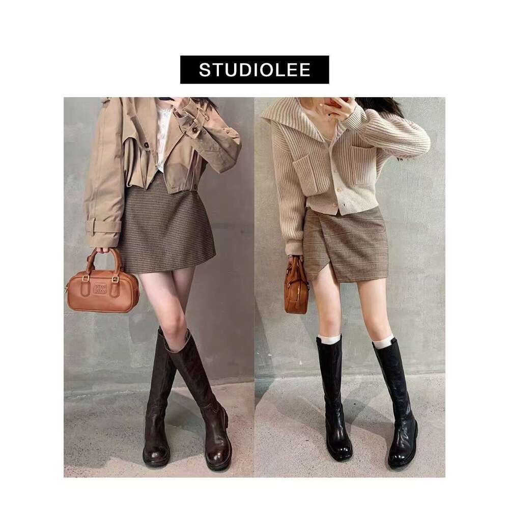 Grape Mom Same Style Washed Long Knight Autumn Winter Chunky Heel Round Toe Mid-High Women Boots