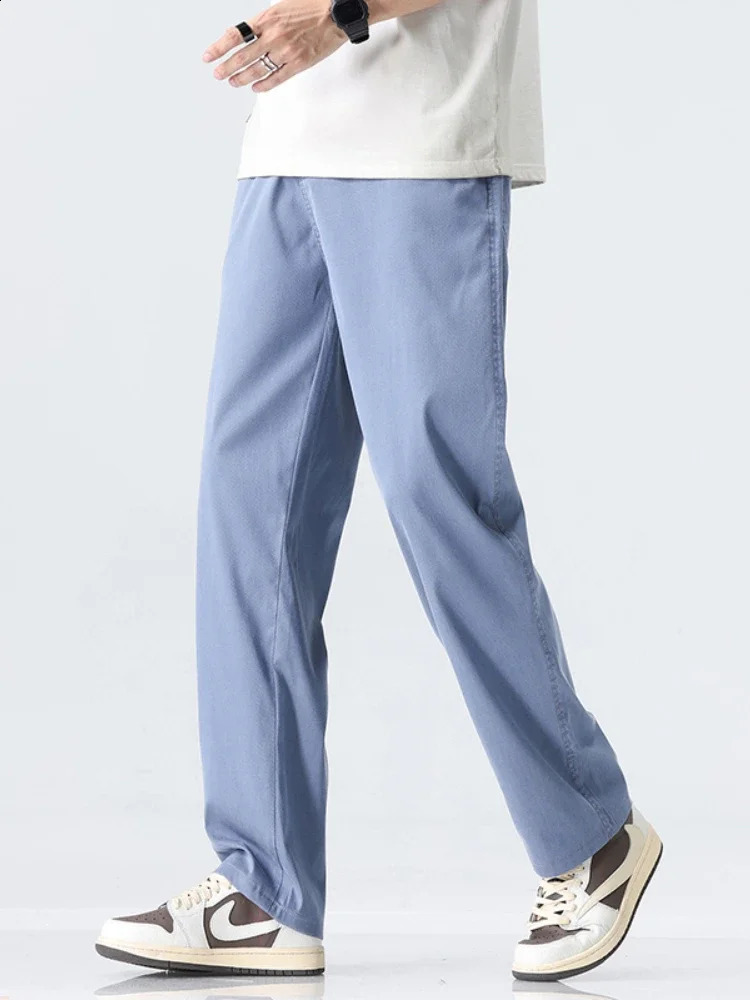 Summer Ultra-thin Lyocell Mens Loose Casual Pants Coffee Simple Comfortable Elastic Straight Wide Pants Casual Trousers Male 250527
