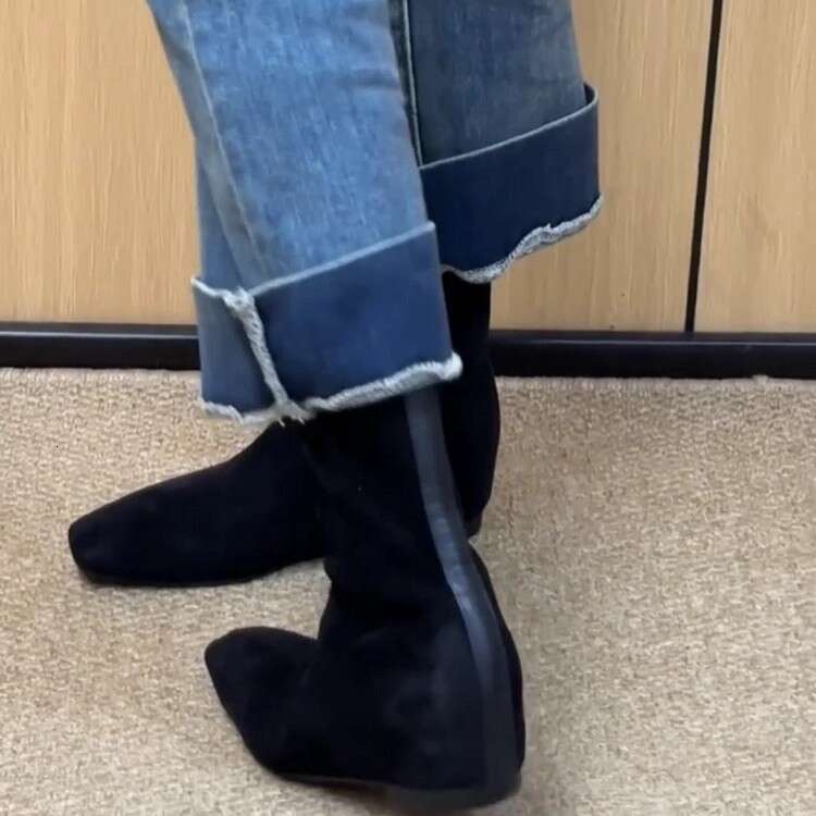 Korean Style Simple Suede Hidden Heel Flat Square Toe Stretch Slim Short Women Autumn Winter New Fashion Boots