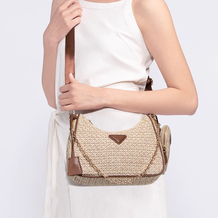 Minimalist Fresh Style Crossbody Beach Raffia Two-Piece Set Single Shoulder Underarm Fashion Niche Woven Crescent Bag