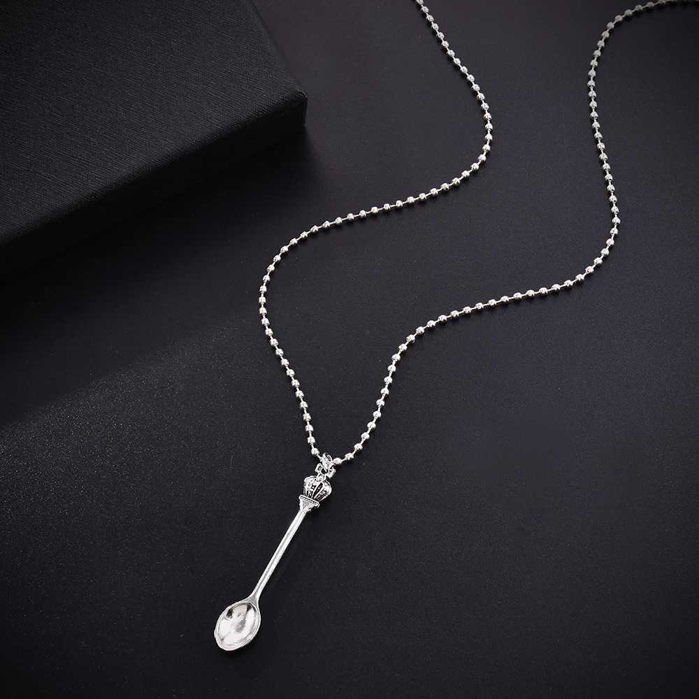 Fashion Women Men Crown Mini Tea Spoon Shape Pendant Long Chain Necklace Sweater Metal Chain Necklace Jewelry XJ250528