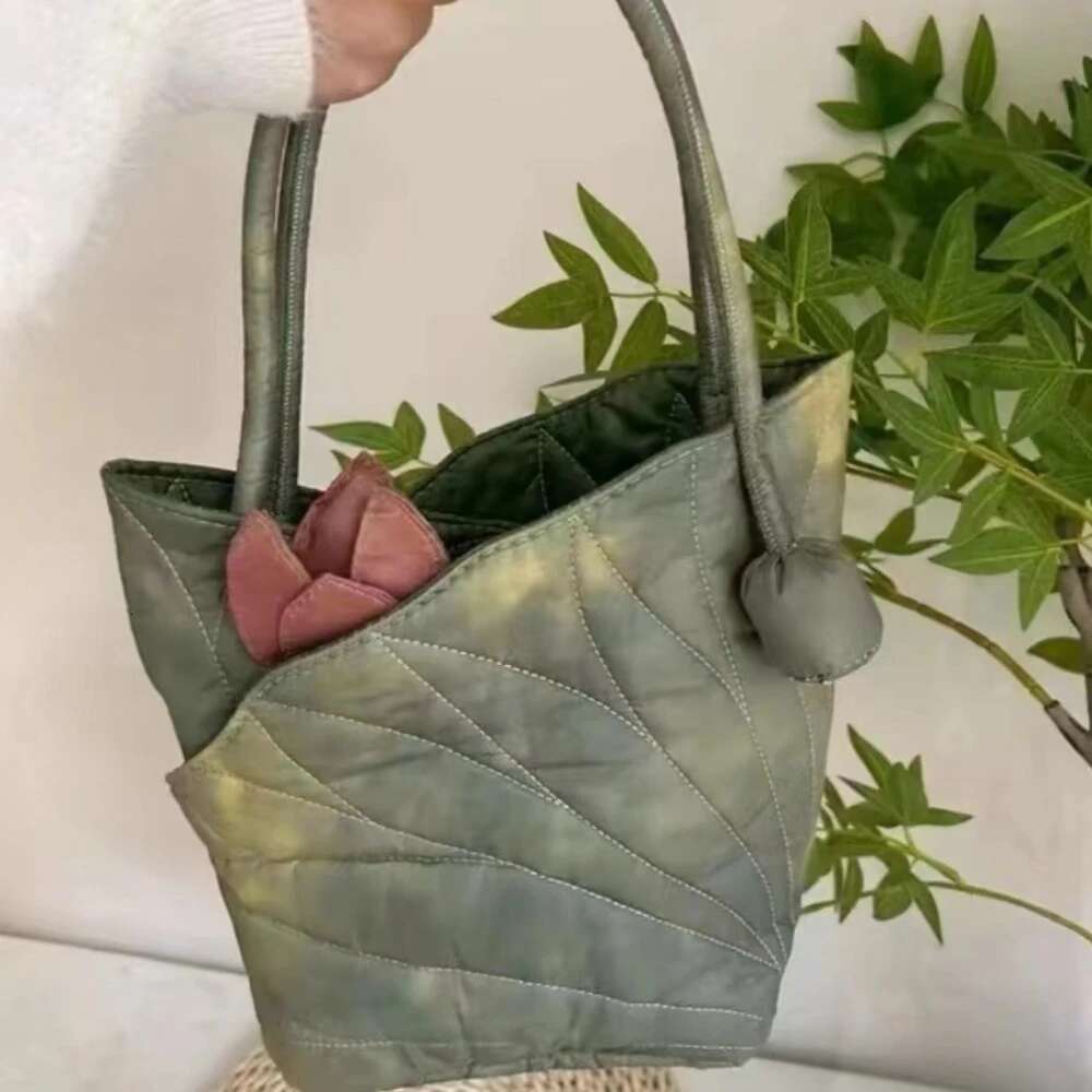 Niche design new lotus leaf hand carry shoulder Tote bag retro style fashion versatile bucket bags