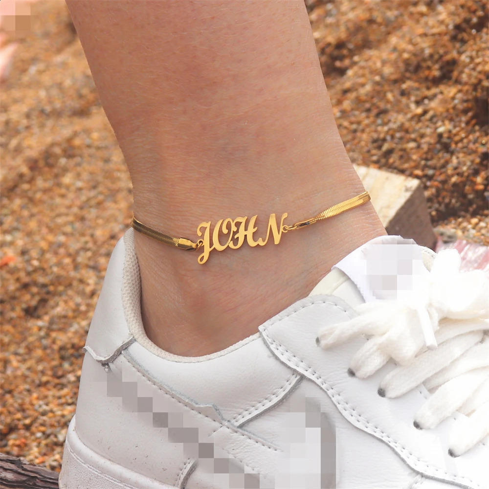 Personalized Nameplate Anklet Boho Jewelry Custom Snake Chain Name Ankle Stainless Steel Leg Bracelet Herringbone Tobillera 250526