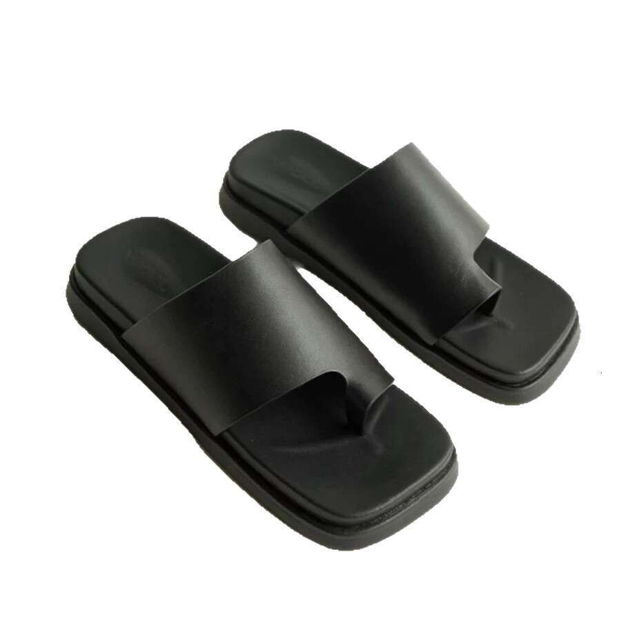 Cowhide Version ~ Niche Loop Square Toe Thick Sole Slippers for Women Outdoor 2025 Summer Beach Flat Comfortable Sandals