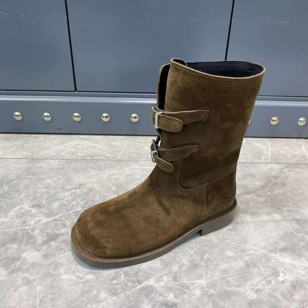 Genuine Leather Suede Round Toe Double Buckle Martin Western Cowboy Women 2024 New Autumn Winter Short Boots