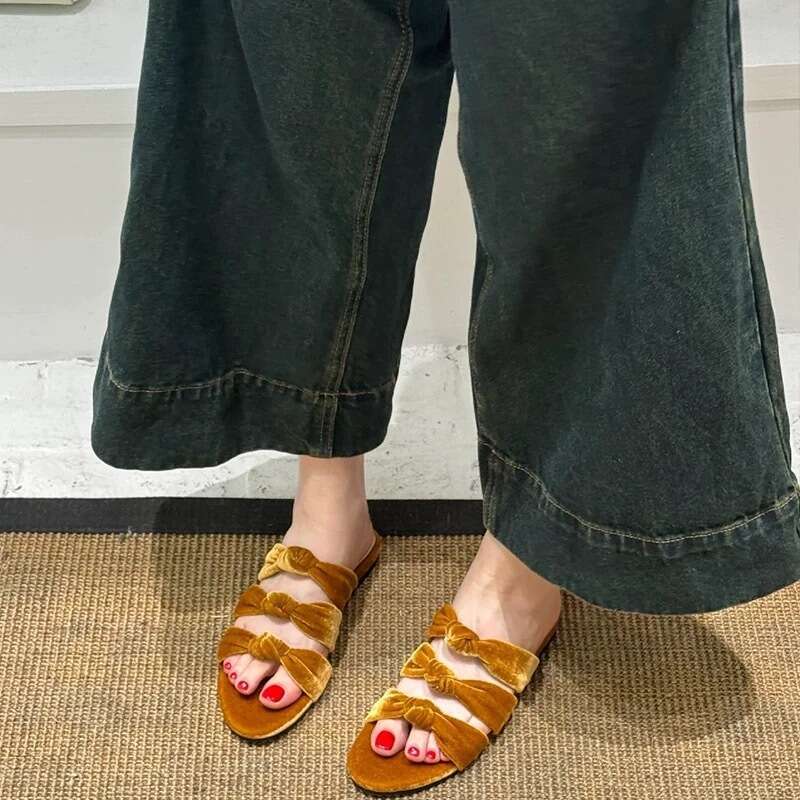Sheepskin Version ~ Korean Style Velvet Flat One-Strap Knotted Open-Toe Sandals for Women Outdoor 2025 Summer Slippers