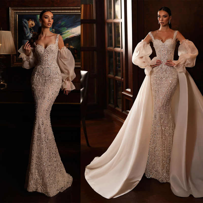 Gorgeous Mermaid Wedding Dress Sweetheart Neck Removable Sleeves Bridal Gowns Sequins Crystal Detachable Train Dresses Custom Made vestidos de novia