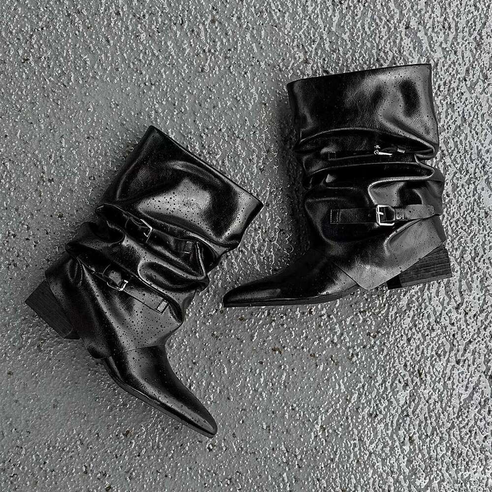Niche Patent Leather Pointed Toe Chunky Heel Wrinkled Slouch Short Wide Tube Pants Women Autumn Winter Chelsea Boots