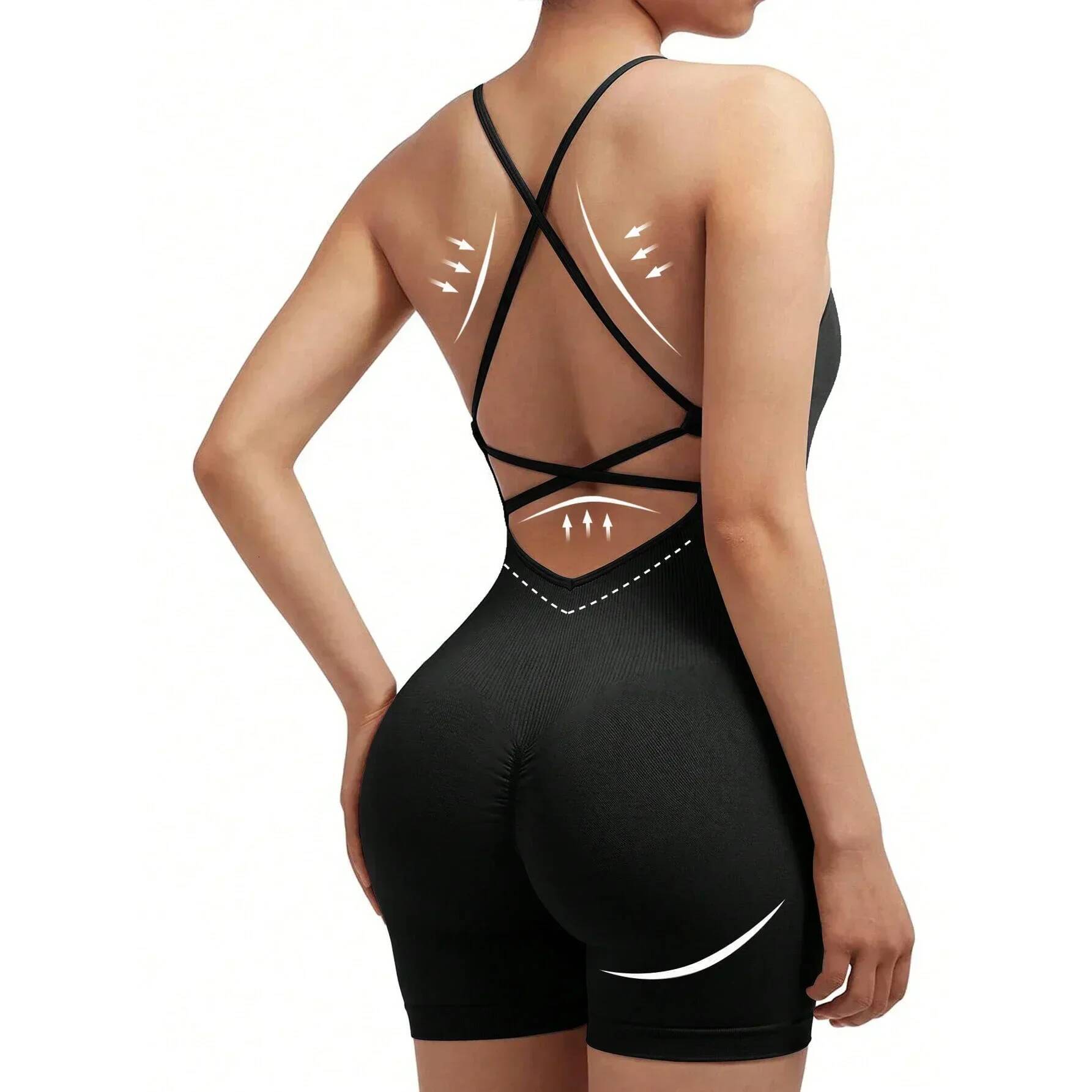 Yoga Sxy Criss Cross Backless Cami Sports Romper,Women's Jumpsuits Ribbed One Piece Workout Sleeveless Rompers Tank Top Shorts