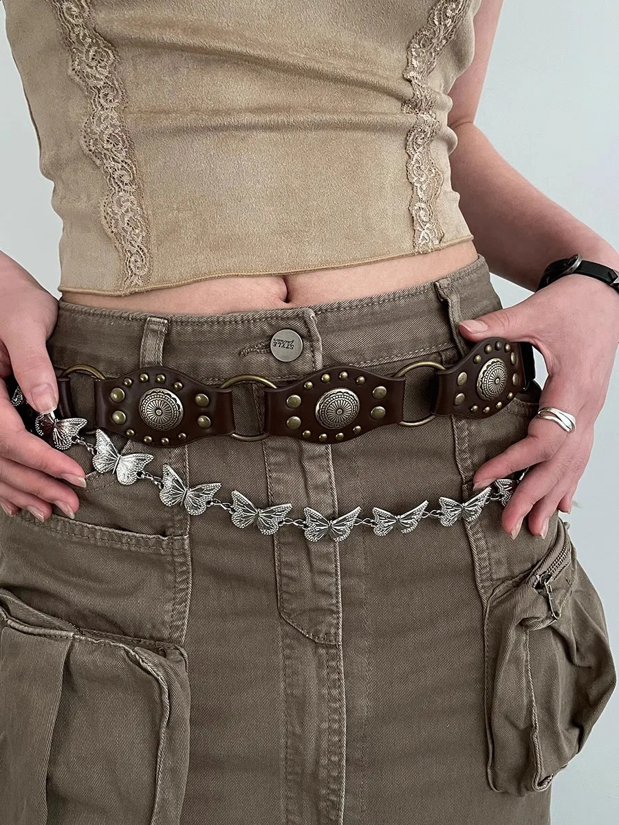 Western Cowboy Belt For Women American Vintage Brown Rivet Belt Versatile Denim Belt With Ins Style 250523