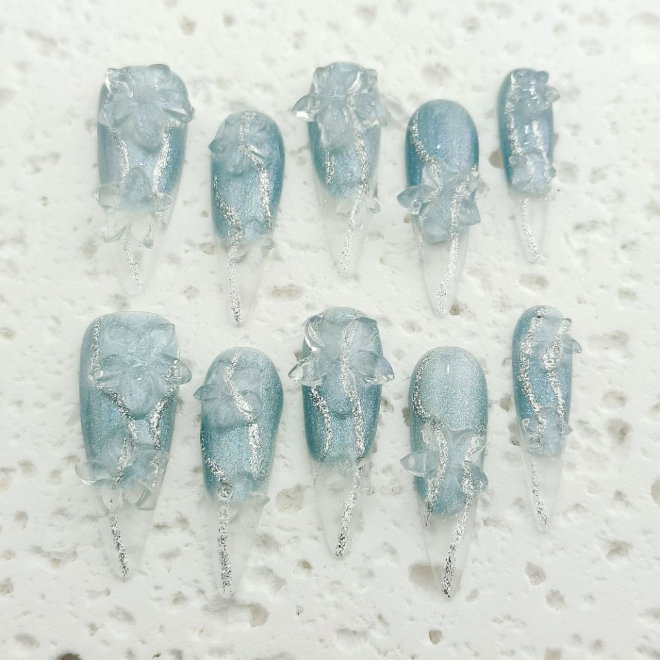10pcs Handrawn 3D Flowers Handmade Press-on nails Long Stiletto Nails Bundle Crystal Sweet Elegant Finished nail stickers Free storage box jelly glue 