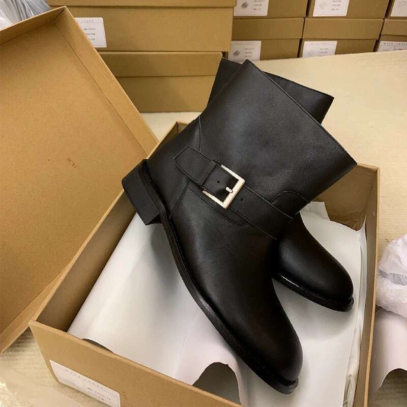 Korean Style Belt Buckle Round Toe Heel Low Short Martin Women Autumn Winter Wide Tube Chelsea Slim Boots