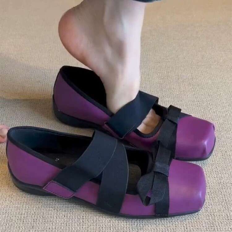 Genuine Leather Niche Bowknot Cross Velcro Low Heel Square Toe Ballet Shoes for Women 2025 Spring Mary Jane Flats
