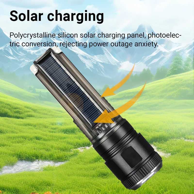 Outdoor Portable Solar Rechargeable LED Flashlights Super Bright Emergency Self Defense Hard Light Camping Zoom Hand Torch LightXJ250529