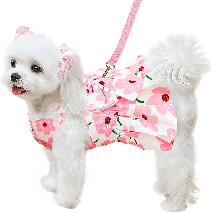 Cute Dog Harness Set, Girls Puppy Outfit Pink Floral Pet Summer Clothes Bowknot Doggy Cat Princess Dress for Holiday Birthday Party Costume Clothing M