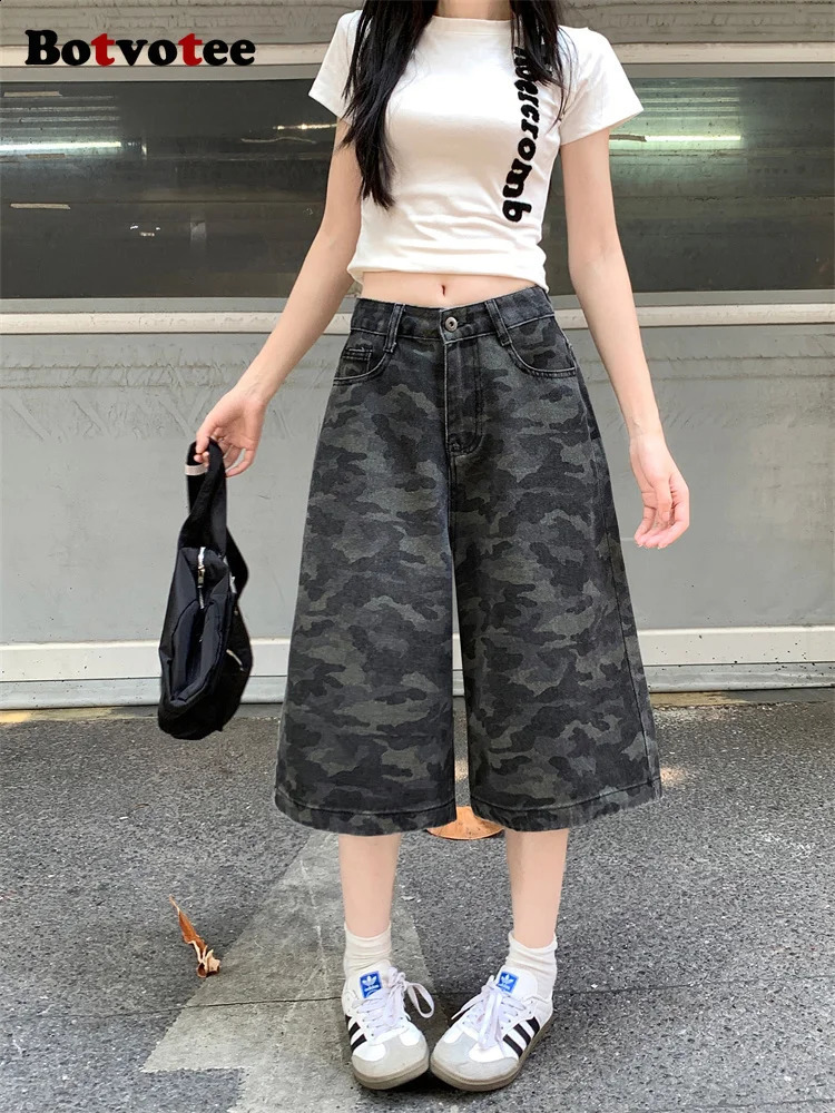 Botvotee Camo Calf Length Jeans for Women High Waisted Wide Leg Baggy Denim Camouflage with Pockets Summer Fashion Pants 250516