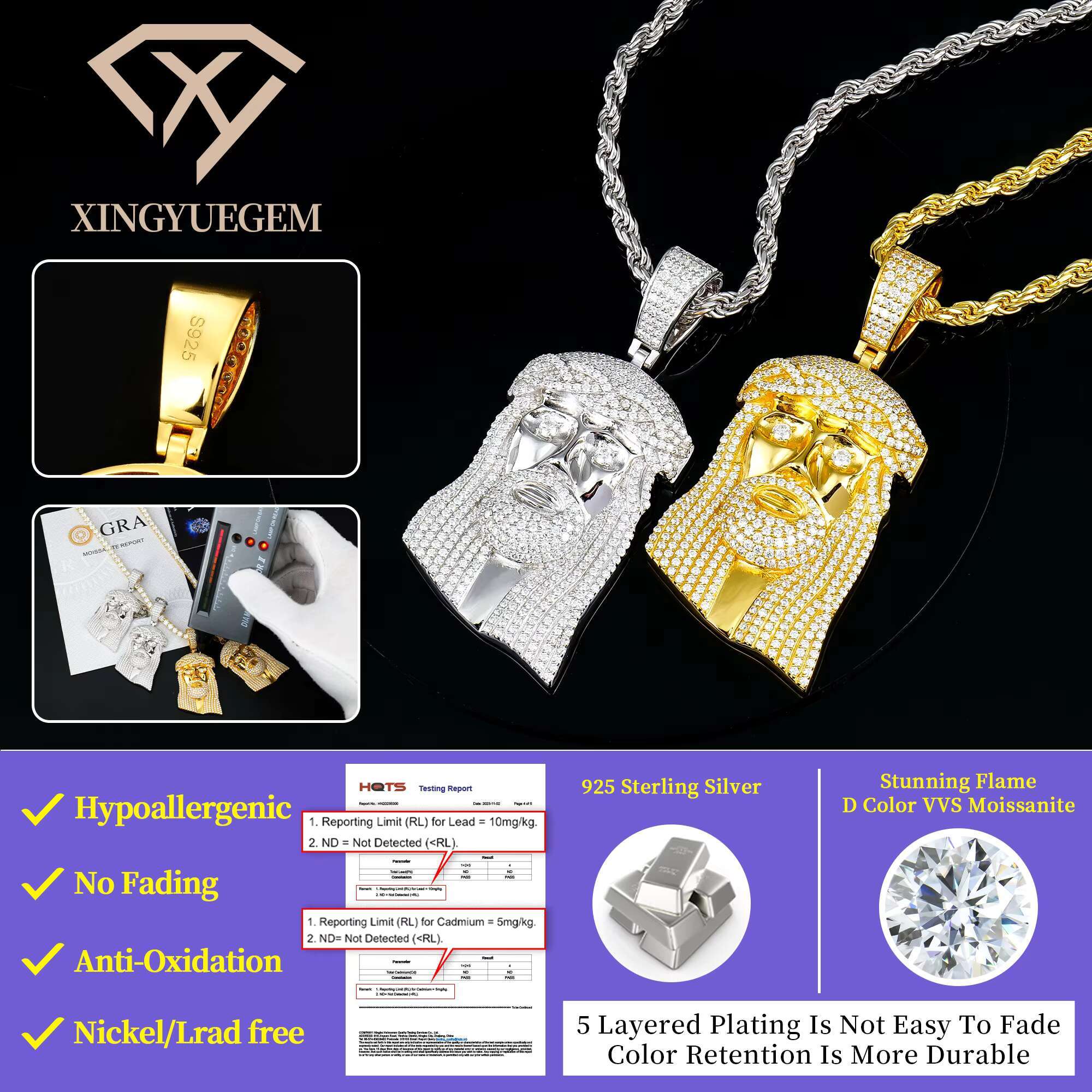 Factory Direct Wholesale Men Mossanite Diamond Jewelry Little Jesus Head Pendant Moissanite for Tennis Cuban Rope Chain Necklace
