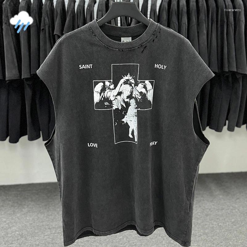 Men's T Shirts Hip Hop Vintage Washed Black Damaged Hole SAINT HOLY LOVE PRAY Sleeveless Shirt Top Men Women High Quality Oversized T-Shirt