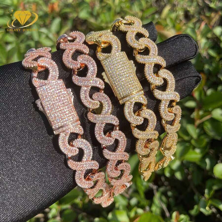 Full Diamond Cuban Link Chain Solid 8 Shape 18mm 925 Silver Baguette VVS Moissanite Infinity Cuban Chain Necklace Bracelet
