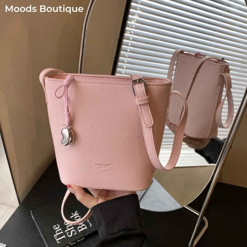 Lychee Pattern Mini Shoulder Bucket Bags For Women Pure Color PU Leather Crossbody Bag With Pendant Summer Latest Handbags 250528