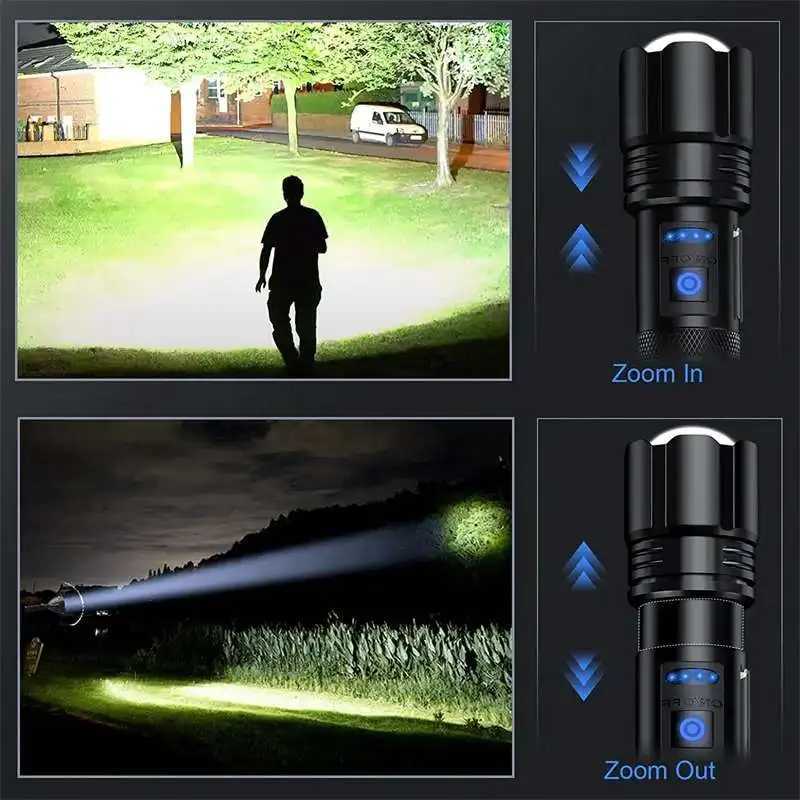 Rechargeable XHP90 LED Flashlight 10000 High Lumens Tactical Light Waterproof Zoomable 7 Mode Camping Emergencies FlashlightsXJ250529