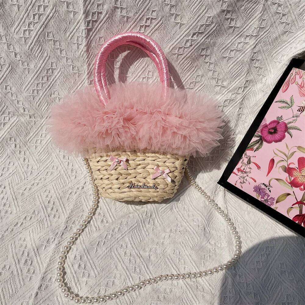 Women's Designer Fashion Fluffy Lace Straw Handbags Pearls Chain Shoulder Bohemian Lafite Basket Bags For Women Travel Beach Rattan Bag