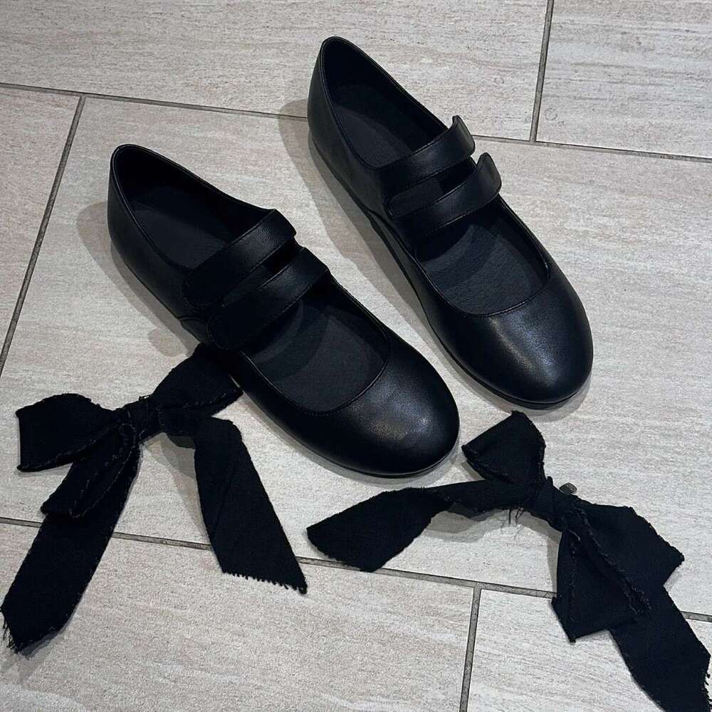 Genuine Leather Niche Detachable Bow Strap Two-Way Flat Ballet for Women Spring Autumn Mary Jane Shoes
