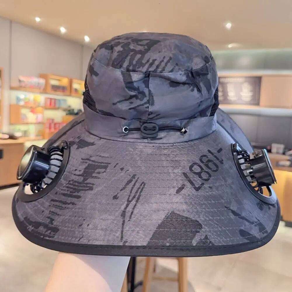 with UV Protection Solar Fan Adjustable 3 Speeds Wide Brim Sun Cap Camouflage Breathable Cooling Fisherman Hat Outdoor